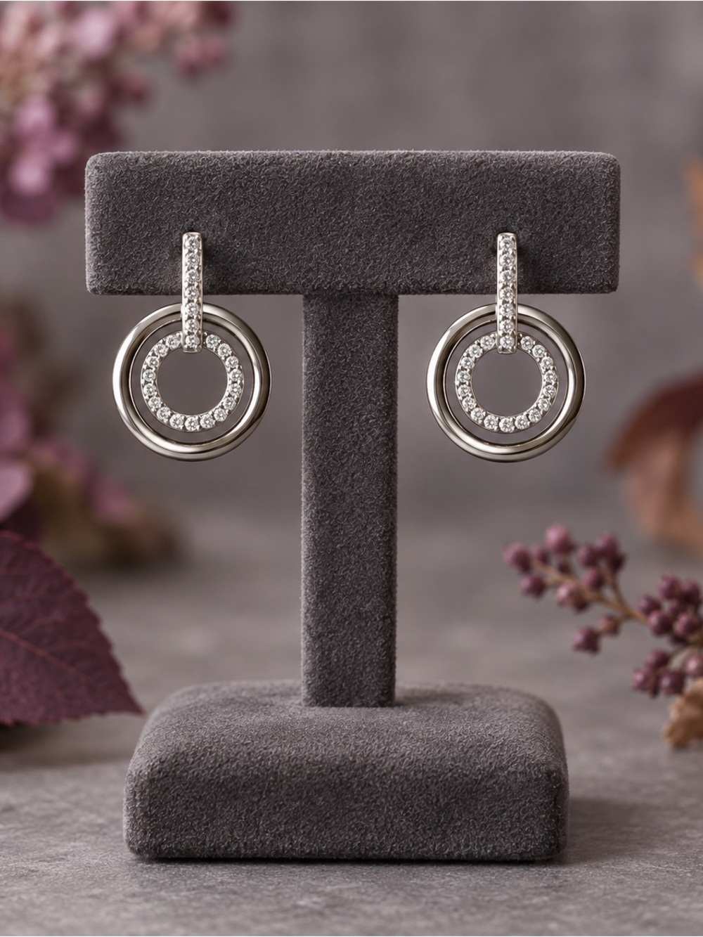 Silver Crystal Double Circle Drop Earrings - White